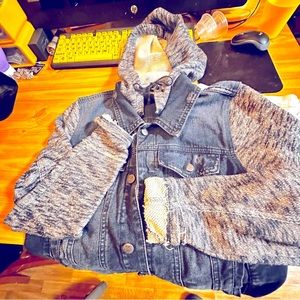 Free People black Denim and knit jacket. Button up with hood. Distressing added.